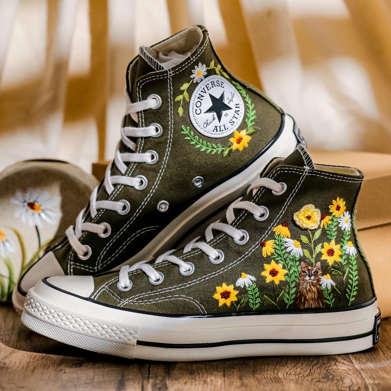 Custom Converse Embroidery Cat, Sunflowers Embroidered Converse High Tops, Graden Sunflowers, Pet Embroidered Shoes Custom, Pet Lover Gift