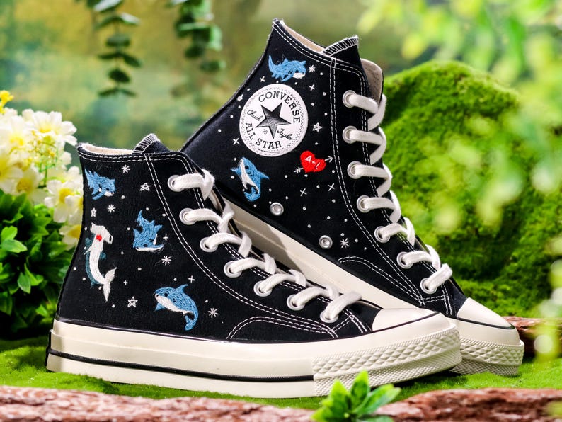 Embroidered Converse, Shark Embroidered Shoes, Hammerhead Shark Embroidered Converse Custom, Shark Embroidered Sneaker, Ocean Gifts for Her