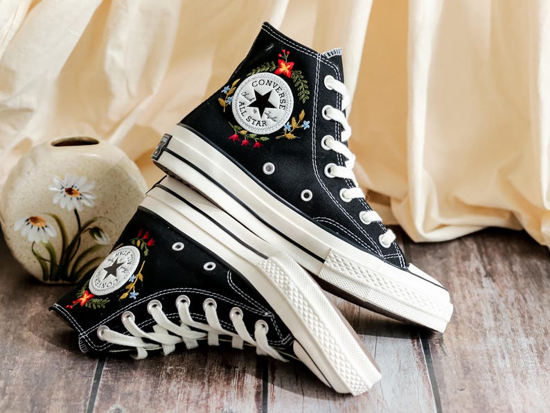 Embroidered Converse, Converse Embroidery Flower, Garden Wildflower Embroidered Converse Shoes, Flower Embroidered Sneakers, Handmade Gift