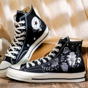 Embroidered Converse, Ghost Embroidered Converse Shoes Custom , Black Converse Embroidery Skull and Bat, Ghost Embroidered Sneakers for Men