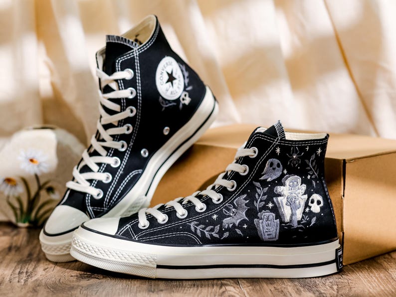 Embroidered Converse, Ghost Embroidered Converse Shoes Custom , Black Converse Embroidery Skull and Bat, Ghost Embroidered Sneakers for Men