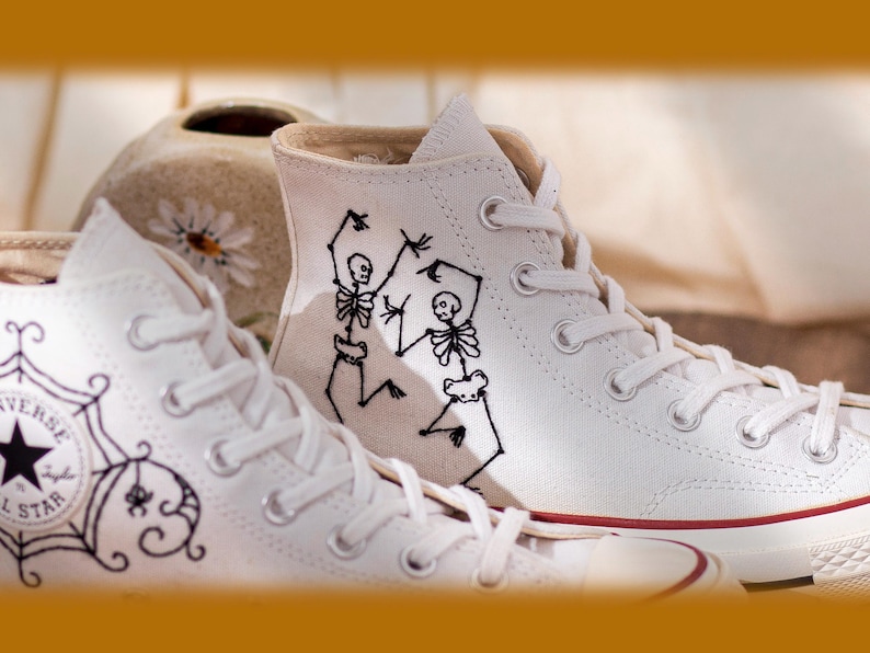Converse Embroidered Dancing Skeleton 90s Vintage Style Shoes, Retro Skeleton Sneakers, Skull Funny Embroidery Shoes