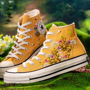 Embroidered Yellow Converse,Custom High Tops Embroidered Tiny Wildflower Garden, Flower Embroidered Converse Shoes,Floral Embroidery Sneaker