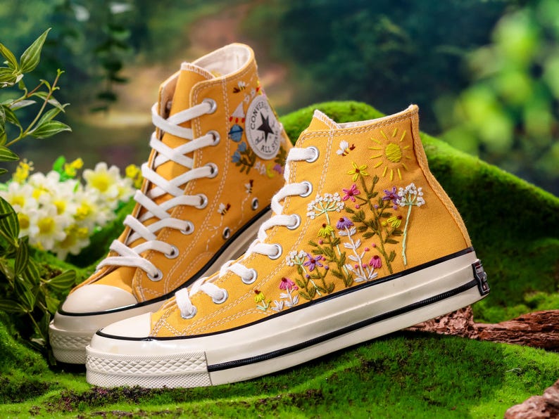Embroidered Yellow Converse,Custom High Tops Embroidered Tiny Wildflower Garden, Flower Embroidered Converse Shoes,Floral Embroidery Sneaker