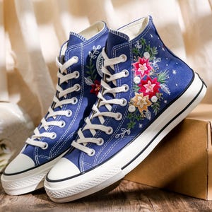 Embroidered Converse, Converse Embroidery Poinsettia Flowers, Christmas Embroidered Shoes, Snowflakes Embroidery Sneakers, Christmas Gifts