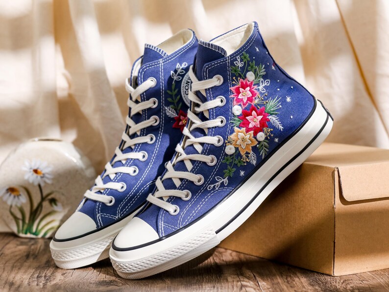 Embroidered Converse, Converse Embroidery Poinsettia Flowers, Christmas Embroidered Shoes, Snowflakes Embroidery Sneakers, Christmas Gifts