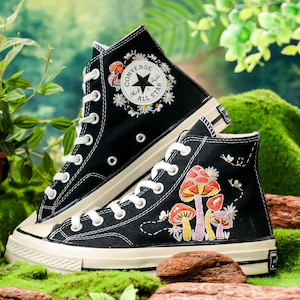 Customized Embroidered Converse High Tops, Mushroom Embroidered Sneakers Custom, Mushroom Embroidered Shoes, Mushroom Embroidery Converse