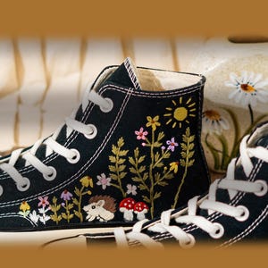 Handcrafted Embroidered Converse High Top, Custom Floral Embroidery Converse, Hedgehog And Mushroom Design Embroidered Sneakers, Unique Gift