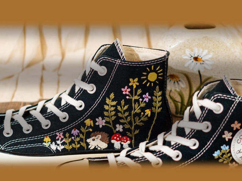Handcrafted Embroidered Converse High Top, Custom Floral Embroidery Converse, Hedgehog And Mushroom Design Embroidered Sneakers, Unique Gift