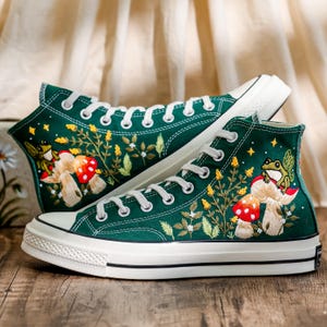 Mushrooms Converse, Fog and Mushrooms Embroidered Converse High Tops Custom, Mushroom Embroidered Sneakers, Flowers Embroidery Shoes Custom