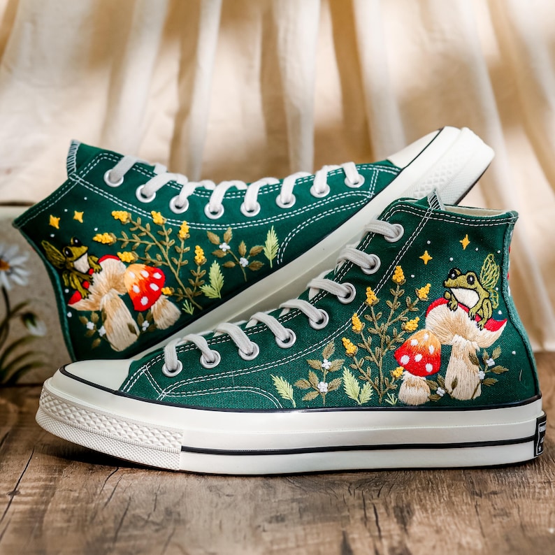 Mushrooms Converse, Fog and Mushrooms Embroidered Converse High Tops Custom, Mushroom Embroidered Sneakers, Flowers Embroidery Shoes Custom