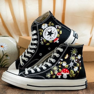 Custom Embroidered Converse Chuck Taylor High Tops, Black Converse Embroidery With Mushrooms & Floral, Custom Shoes Mystical, Birthday Gift