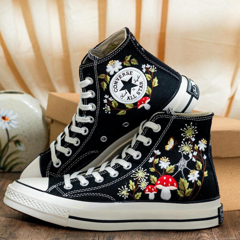 Custom Embroidered Converse Chuck Taylor High Tops, Black Converse Embroidery With Mushrooms & Floral, Custom Shoes Mystical, Birthday Gift