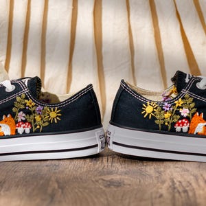 Hand Embroidered Converse Low Top Sneakers, Custom Black Shoes Embroidery Fox And Wildflower, Handmade Nature Art Converse, Unique Gift Idea