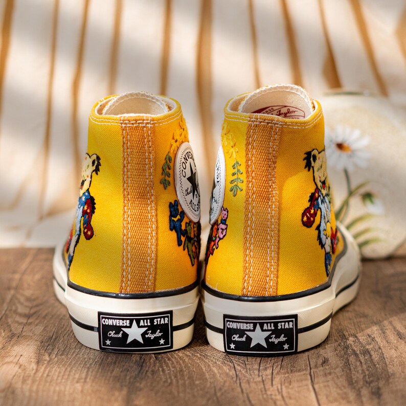 Custom Character Embroidered Converse High Tops, Funny Teddy Bear Embroidery Shoes Yellow, Personalized Embroidered Sneaker, Cute Gift Idea