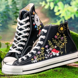 Embroidered Converse,  Custom  Sun, Mushrooms & Wildflowers Embroidery Converse, Sneaker Embroidered Floral, Whimsical Nature-Inspired Shoe