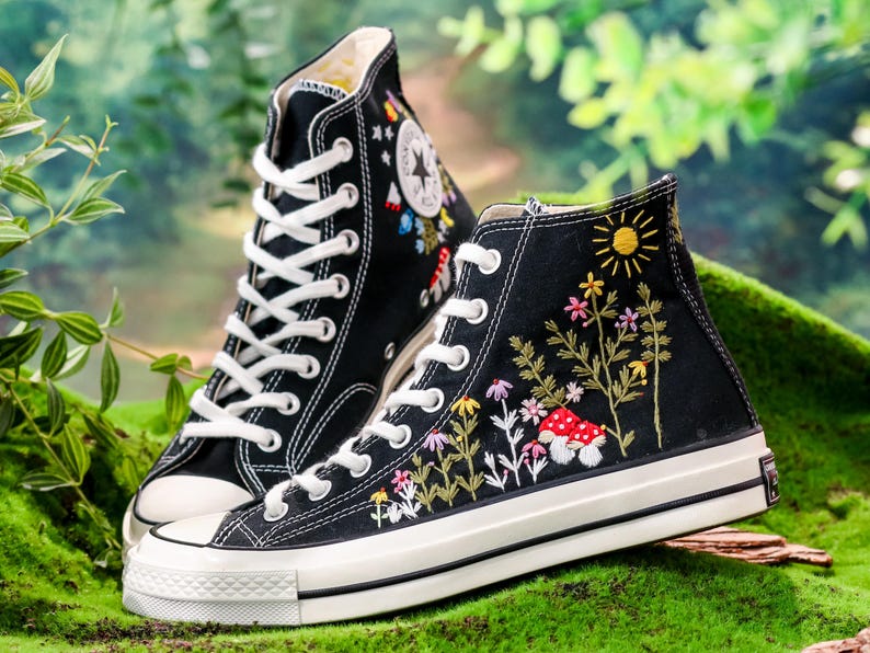 Embroidered Converse,  Custom  Sun, Mushrooms & Wildflowers Embroidery Converse, Sneaker Embroidered Floral, Whimsical Nature-Inspired Shoe
