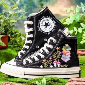 Hand-Embroidered Book & Mushroom Floral Converse,Book Embroidered Converse Shoes, Flower Embroidered Sneaker,Magical Graduation Gift for Her