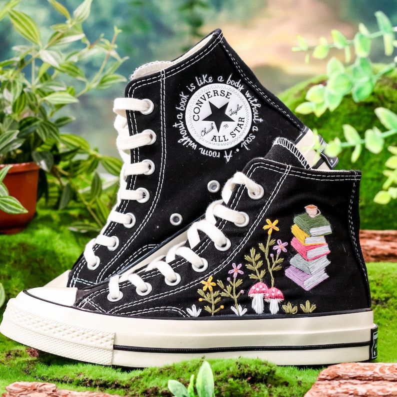 Hand-Embroidered Book & Mushroom Floral Converse,Book Embroidered Converse Shoes, Flower Embroidered Sneaker,Magical Graduation Gift for Her