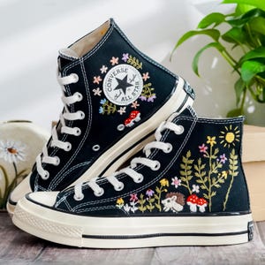 Custom Converse Embroidery Hedgehog, Sunshine & Colorful Summer Garden Embroidered Converse Shoes, Embroidered Converse Flower, Gift for Her