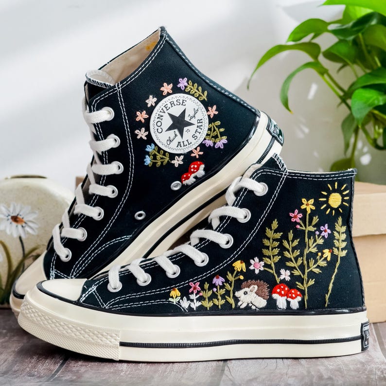 Custom Converse Embroidery Hedgehog, Sunshine & Colorful Summer Garden Embroidered Converse Shoes, Embroidered Converse Flower, Gift for Her