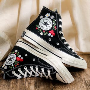 Embroidered Mushroom Converse High Tops 1970s, Mushroom Embroidered Shoes for Women, Garden Mushrooms, Strawberry, Bees Embroidered Sneakers