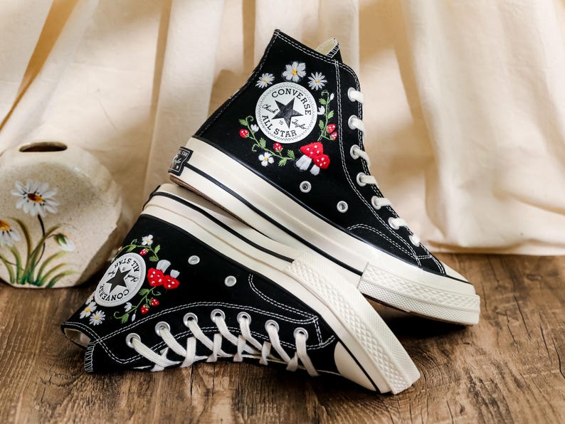 Embroidered Mushroom Converse High Tops 1970s, Mushroom Embroidered Shoes for Women, Garden Mushrooms, Strawberry, Bees Embroidered Sneakers