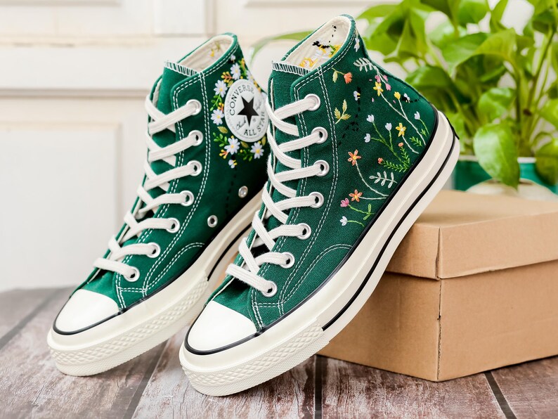 Wildflower Embroidered Converse, Small Flowers and Bees Embroidered Shoes, Custom Floral Embroidered Sneakers, Unique Gift for Nature Lover