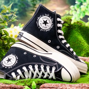 Custom Converse Embroidered Book, Mushrooms, Flowers Embroidery Shoes, Flower Garden, Book Embroidered Converse, Unique Graduation Gift