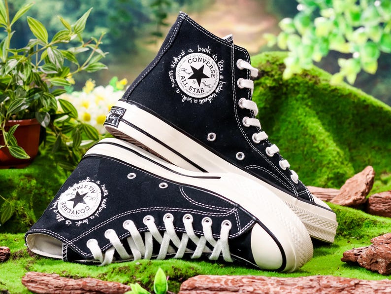 Custom Converse Embroidered Book, Mushrooms, Flowers Embroidery Shoes, Flower Garden, Book Embroidered Converse, Unique Graduation Gift