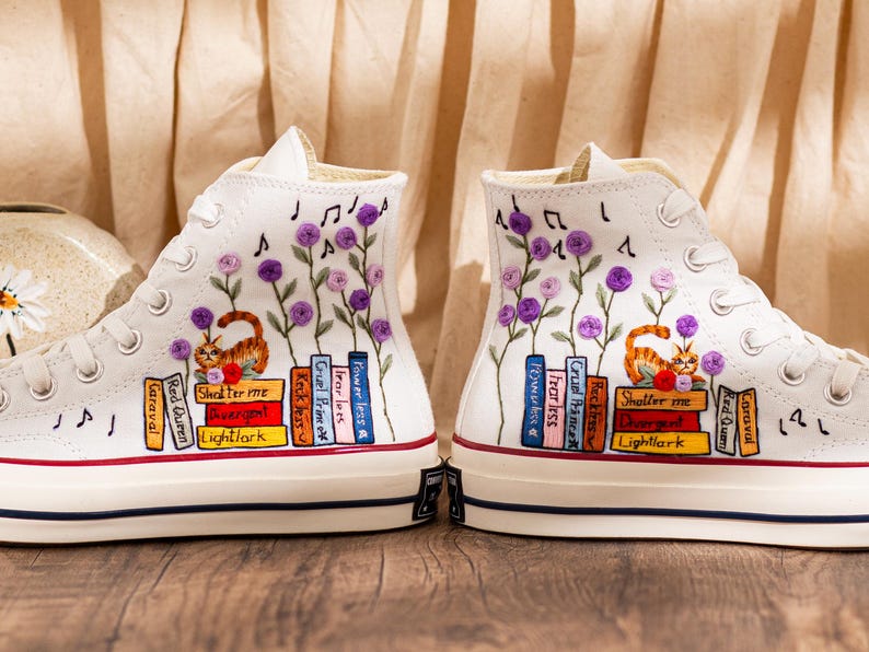 Embroidered Converse Book Lover, Flower & 1989 Embroidered Sneaker, Cat Embroidery Shoes, Handmade Gifts