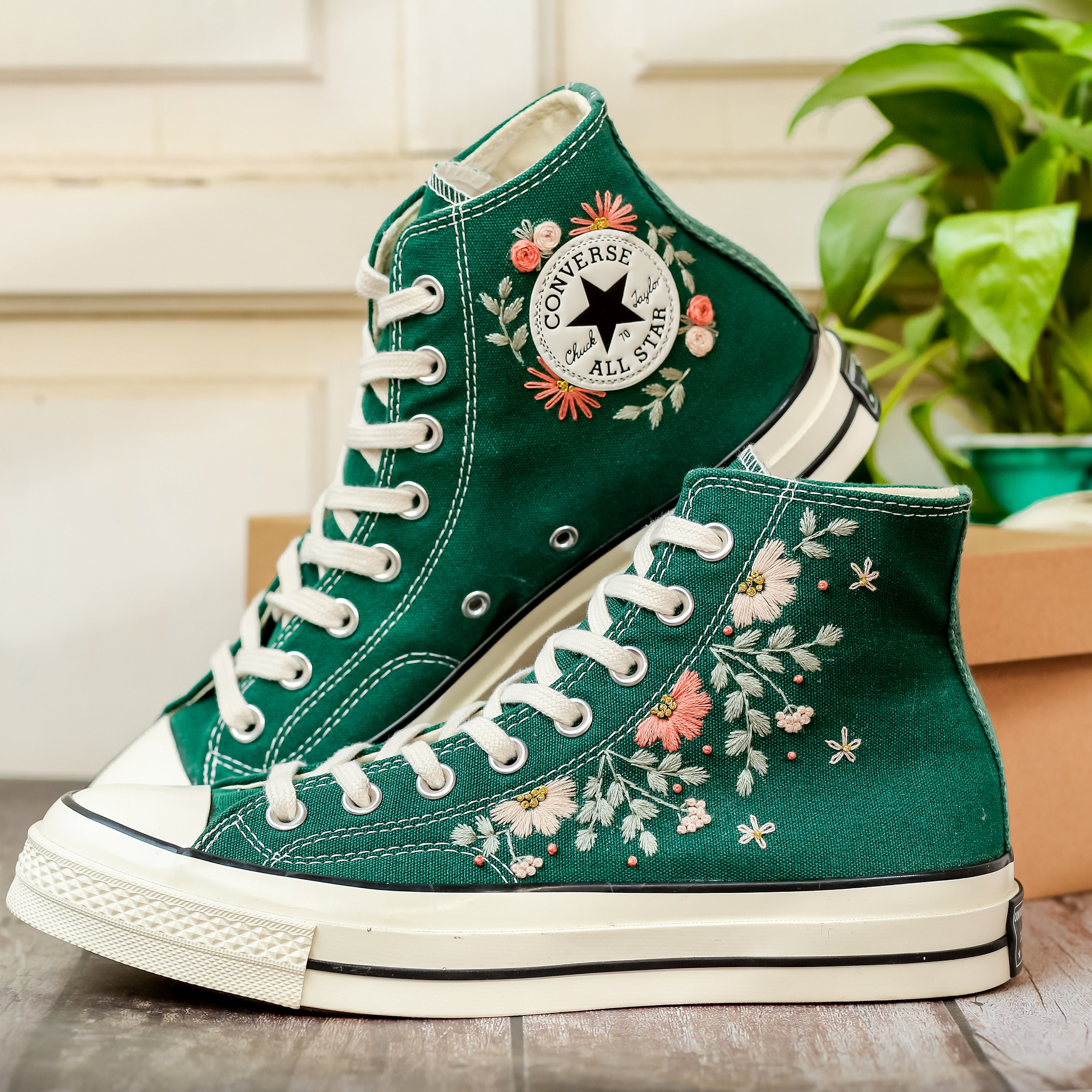 Embroidered Converse Flower Embroidered Shoes for Women Green Converse Embroidery Flower Floral Embroidered Sneaker Birthday Gifts Etsy