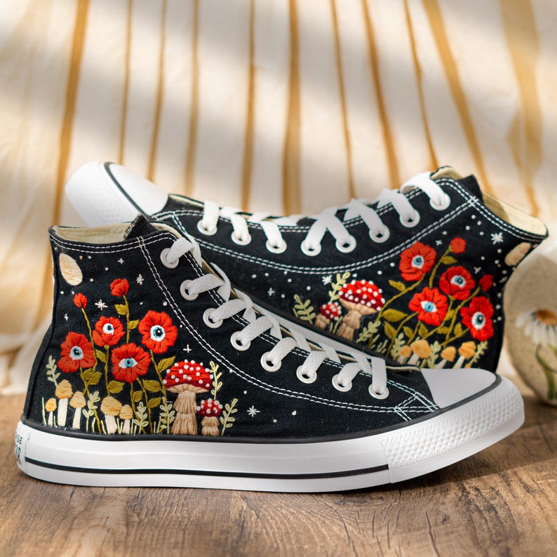 Unique Embroidered Converse High Tops, Mushroom Embroidery Converse, Red Floral Embroidered Sneakers With Eyes, Custom Shoes, Halloween Gift