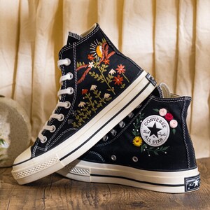Custom Embroidered Converse Chuck Taylor High Tops, Black Sneakers With Sunset And Wildflower Embroidery, Vintage Converse Shoes, Women Gift