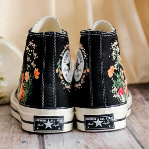 Custom Embroidered Converse High Tops 1970s, Fox Embroidered Converse Shoes, Fox and Flowers Embroidered Sneakers, Funny Halloween Gifts