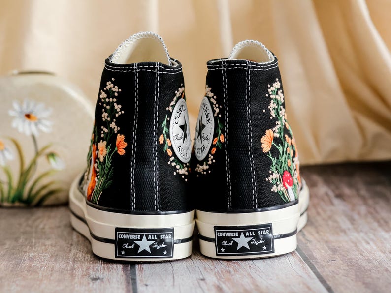 Custom Embroidered Converse High Tops 1970s, Fox Embroidered Converse Shoes, Fox and Flowers Embroidered Sneakers, Funny Halloween Gifts
