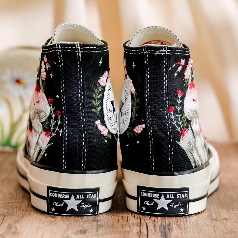 Custom Embroidered Converse Shoes, Mushroom Embroidery Converse High Tops, Custom Converse Shoes for Mushroom Lovers,  Unique gifts
