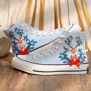 Reindeer & Christmas Flowers Embroidered Converse Shoes, Reindeer  Embroidery Shoes, Winter Holiday Shoes, Merry Christmas Gift for Her