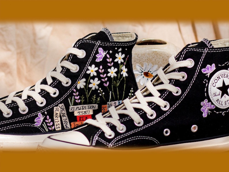 Music Lover Converse,Book and Flower, 1989 Embroidered Sneaker, Flower Embroidery Shoes, Handmade Gifts