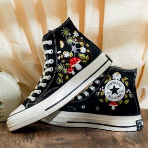 Custom Embroidered Converse Chuck Taylor High Tops, Black Converse Embroidery With Mushrooms & Floral, Custom Shoes Mystical, Birthday Gift