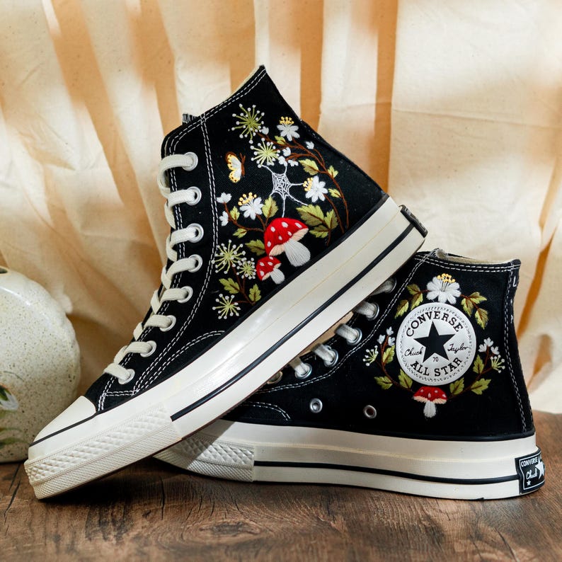 Custom Embroidered Converse Chuck Taylor High Tops, Black Converse Embroidery With Mushrooms & Floral, Custom Shoes Mystical, Birthday Gift