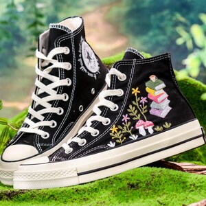 Hand-Embroidered Book & Mushroom Floral Converse,Book Embroidered Converse Shoes, Flower Embroidered Sneaker,Magical Graduation Gift for Her