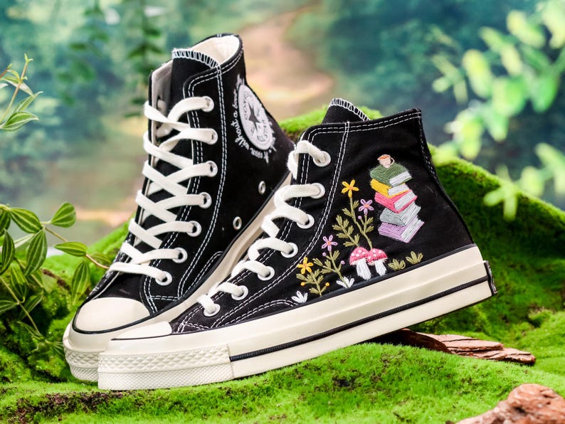 Hand-Embroidered Book & Mushroom Floral Converse,Book Embroidered Converse Shoes, Flower Embroidered Sneaker,Magical Graduation Gift for Her
