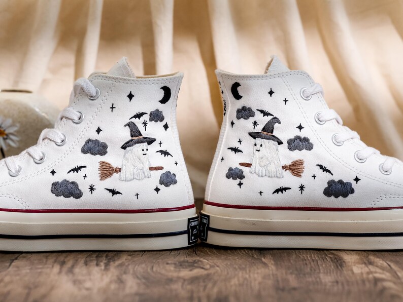 Embroidered Converse High Tops, Ghost Embroidered Shoes Custom, Halloween Embroidered Sneakers, Converse Embroidery Ghost, Halloween Gifts