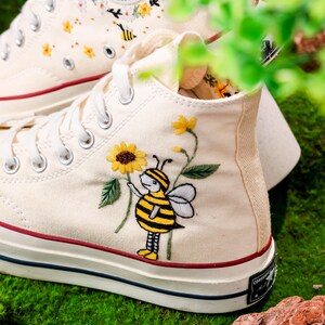 Custom Floral Converse, Bees, Sunflowers Embroidery Converse, Flower and Bee Embroidered Shoes, Unique Custom Floral Sneakers, Gift For Her