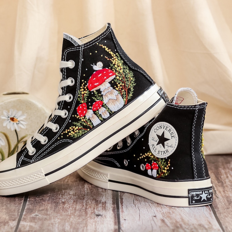 Custom Embroidered Converse Shoes, Mushrooms Embroidery Sneakers Women, Mimosa Embroidered Converse Custom, Shoes Embroidery, Gifts for Her
