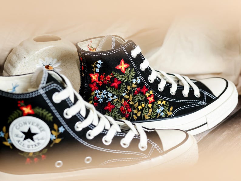 Embroidered Converse, Converse Embroidery Flower, Garden Wildflower Embroidered Converse Shoes, Flower Embroidered Sneakers, Handmade Gift