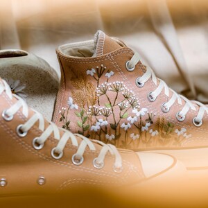 Embroidered Converse Custom, Wildflowers Embroidered Shoes, Chrysanthemum Embroidered Sneakers, Brown Converse Embroidery Flower for Her