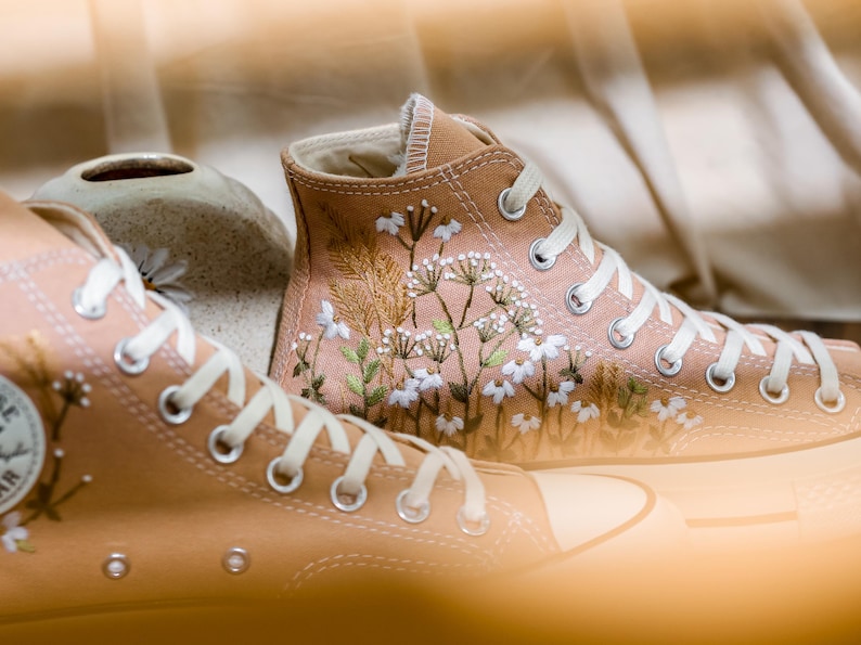 Embroidered Converse Custom, Wildflowers Embroidered Shoes, Chrysanthemum Embroidered Sneakers, Brown Converse Embroidery Flower for Her