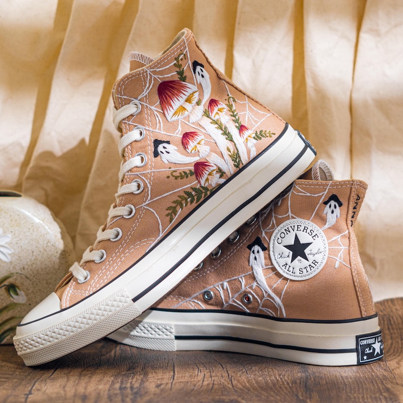 Custom Halloween Embroidered Converse High Tops, Brown Converse Embroidery With Ghost And Mushroom, Unique Custom Sneakers, Halloween Gifts